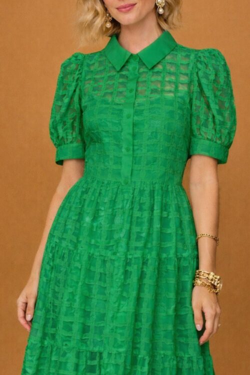 Gridded Organza Tiered Puff Sleeve Maxi Dress