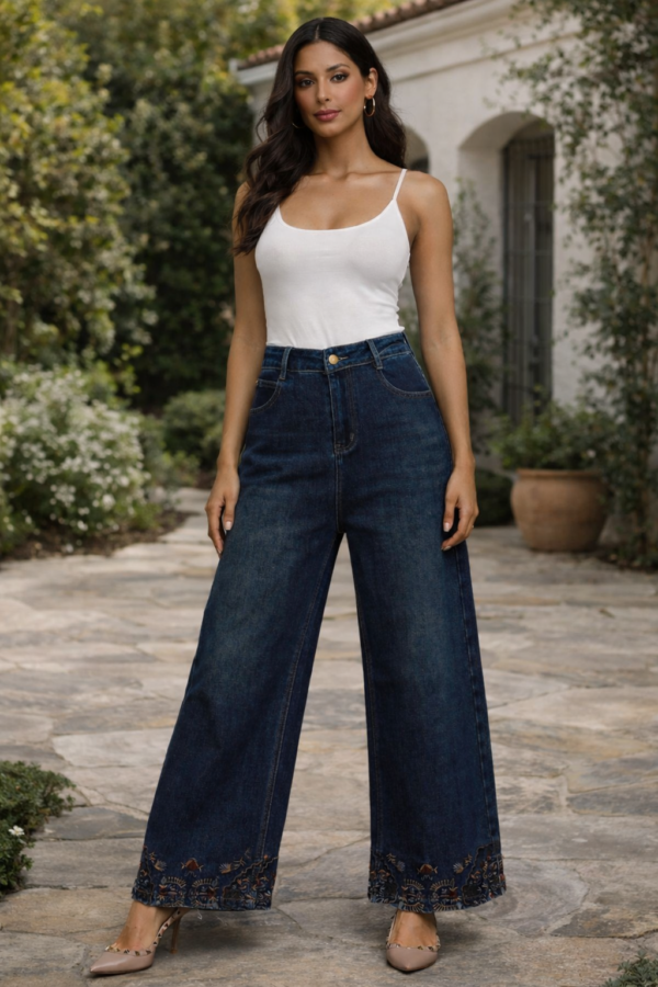 Embroidered Wide-Leg High-Rise Denim Jeans