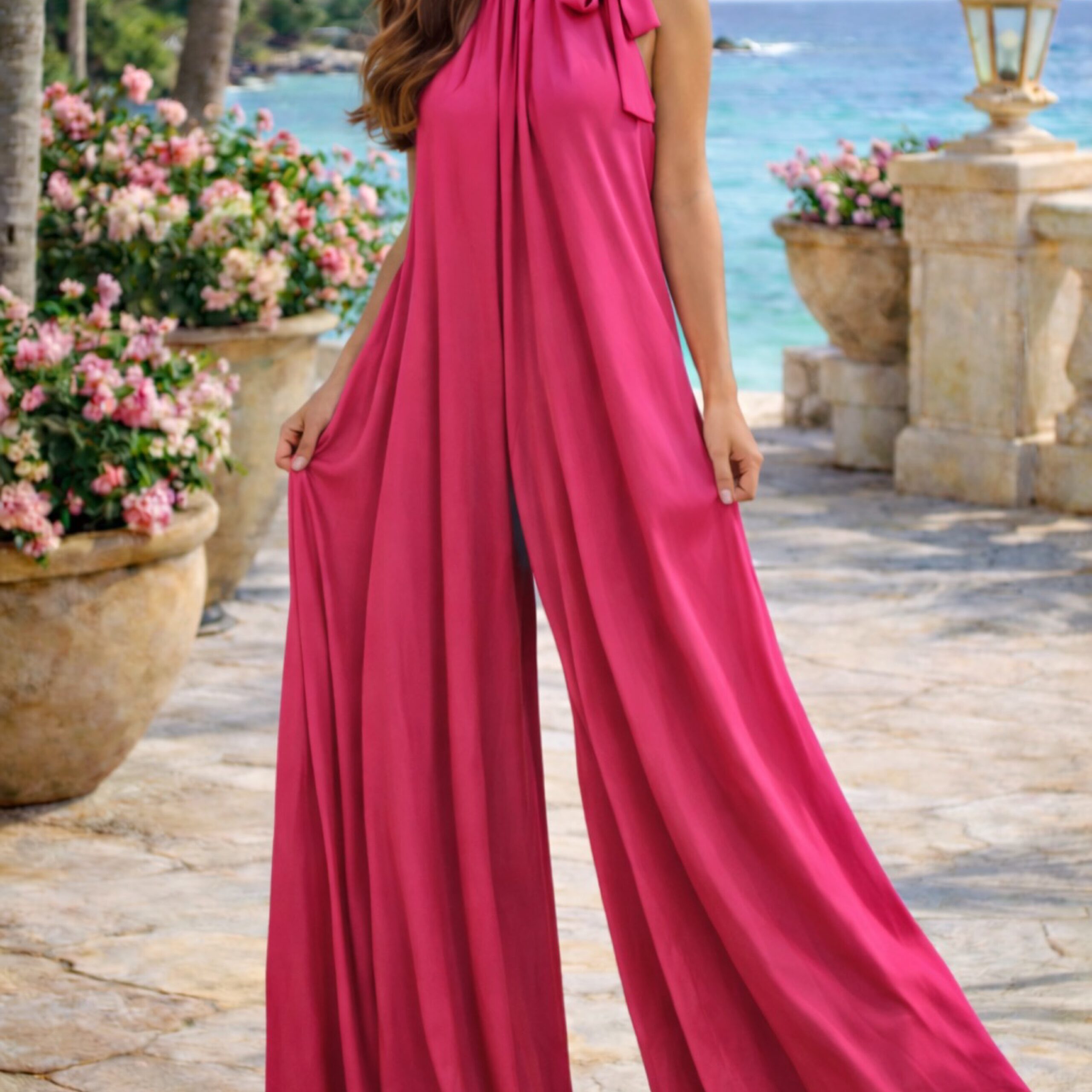 Italian Satin Wide-Leg Jumpsuit – Fuchsia