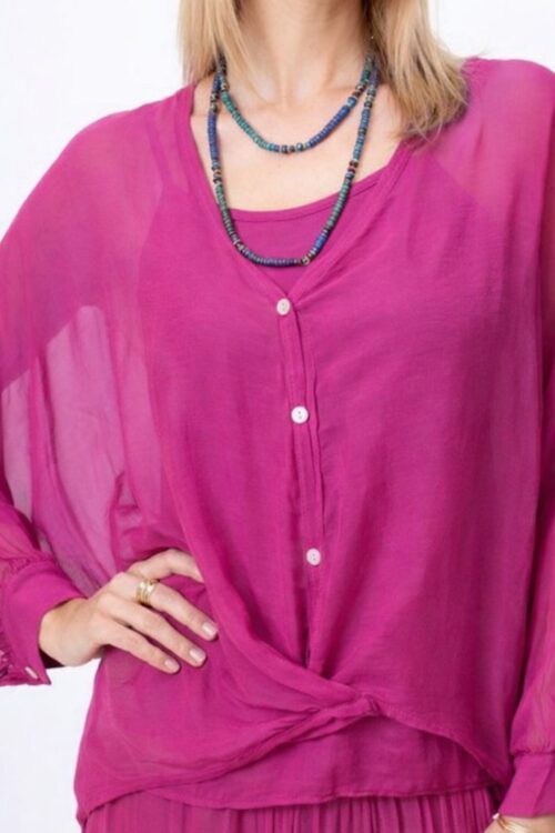 Italian Silk Button-Front Blouse with Twist Hem – Fuchsia