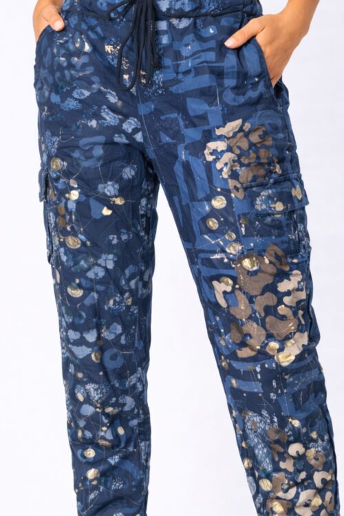 Italian Abstract Print Cargo Jogger Pants with Gold Foil Detail - Blue Jean