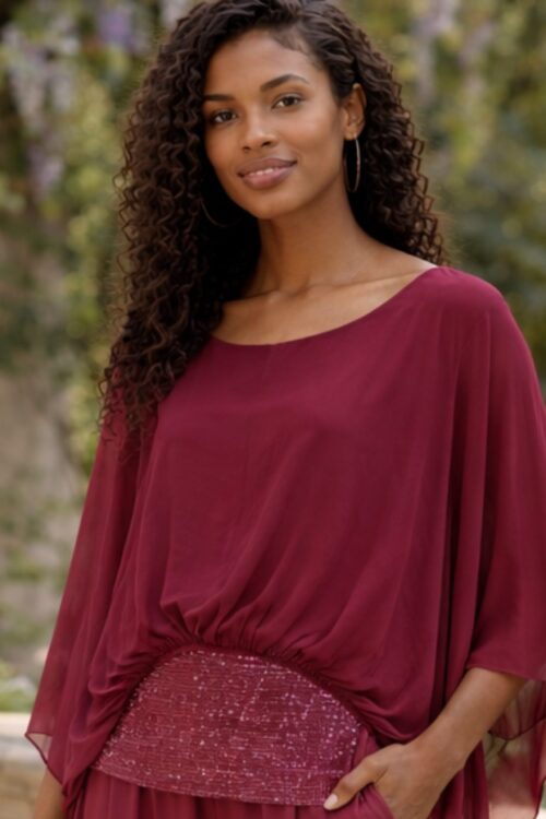 Burgundy Silk Batwing Top with Sequin Waistband – Flowy Elegant Blouse