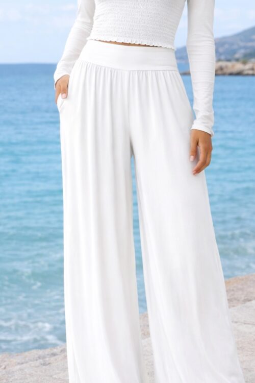 White Silk Palazzo Pants – Elegant Wide-Leg Resort Trousers
