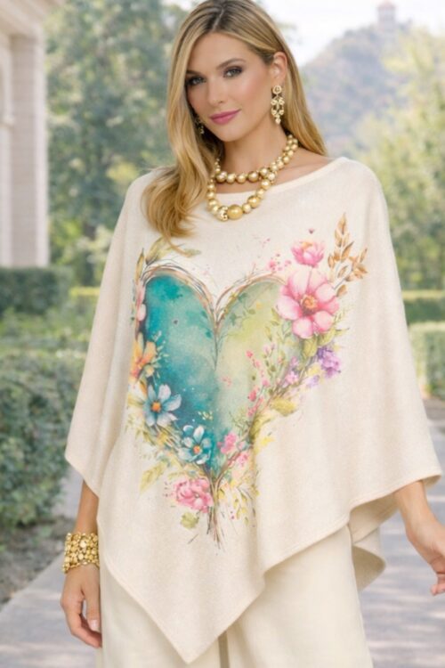 Floral Heart Cream Poncho Sweater