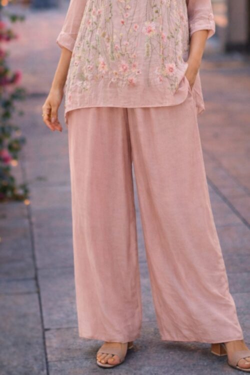 Dusty Blush Embroidered Silk Palazzo Pants