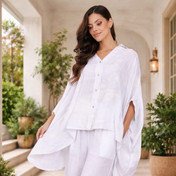 Santorini Breeze Linen Button-Front Tunic Top
