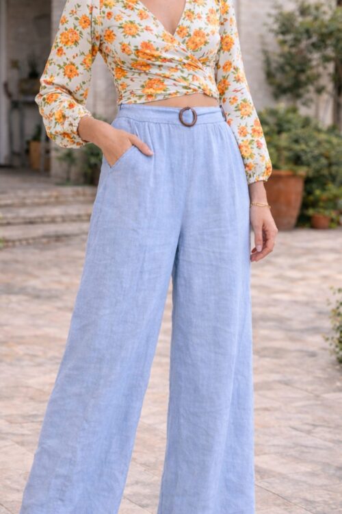 Luxe Coastal Linen Wide-Leg Pants with Utility Pocket