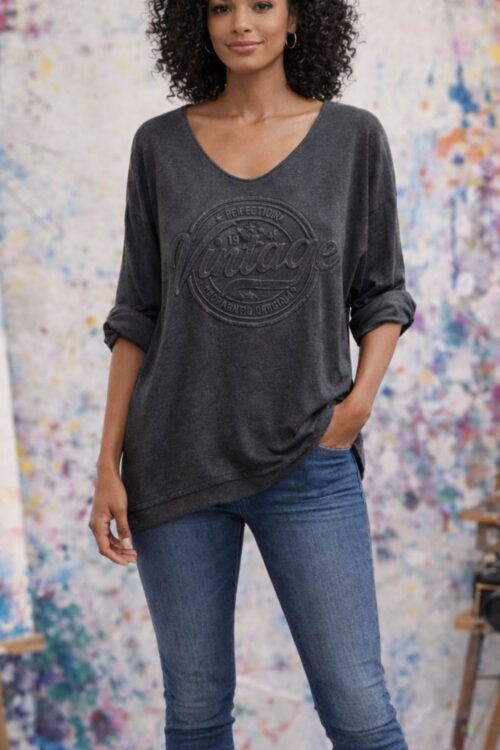 Vintage Shimmer Long Sleeve V-Neck Top – Charcoal Grey