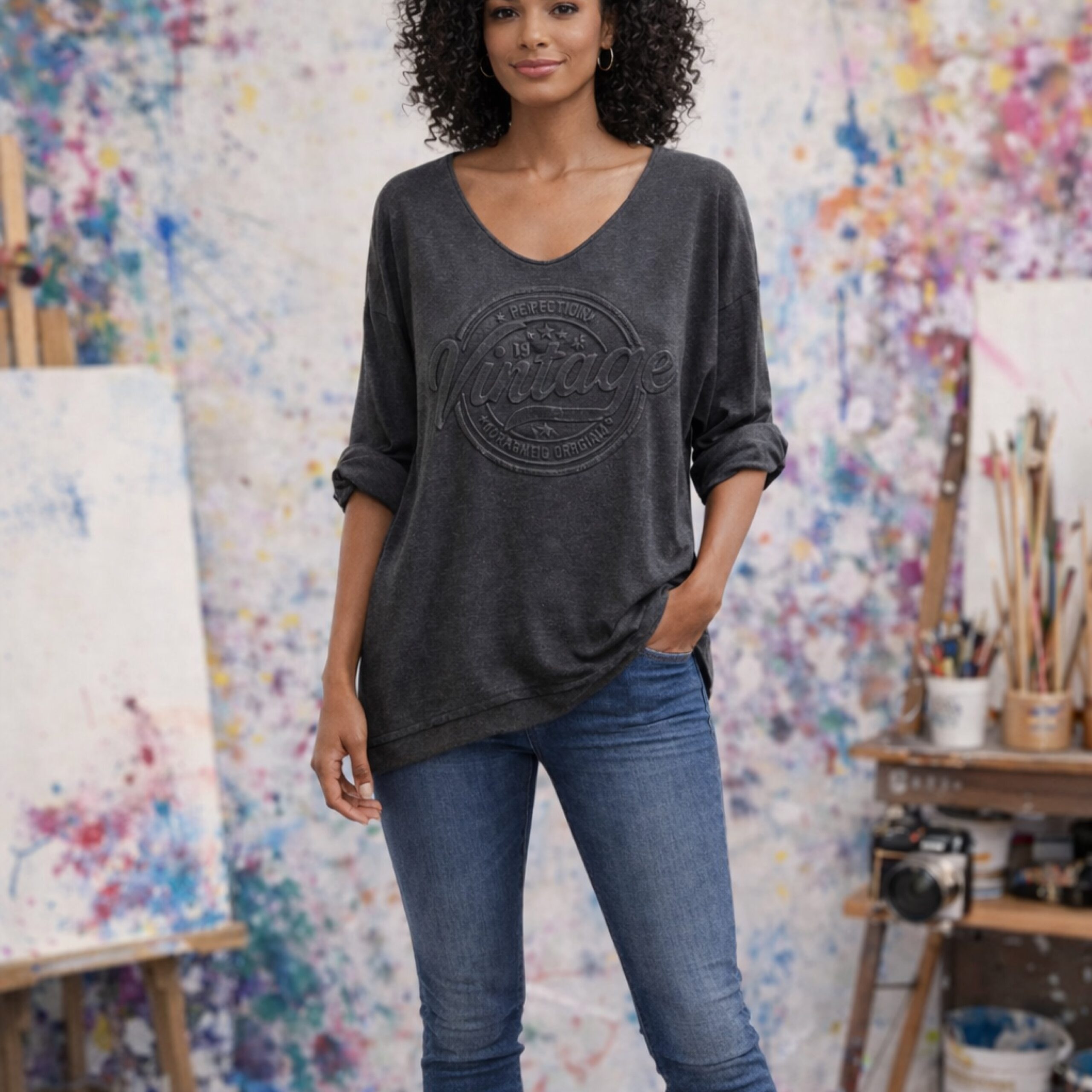 Vintage Shimmer Long Sleeve V-Neck Top – Charcoal Grey