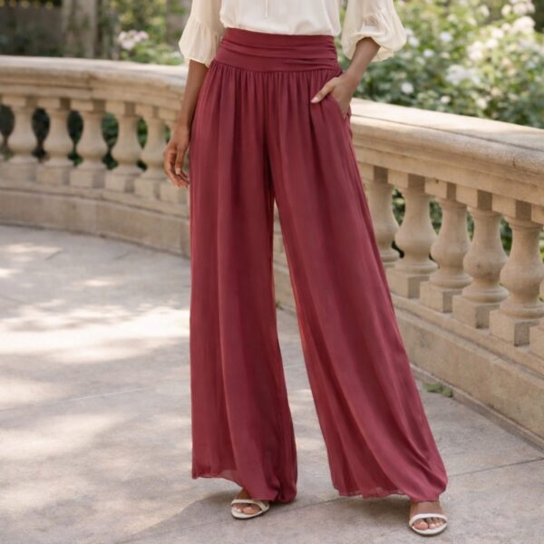 Burgundy Silk Wide-Leg Palazzo Pants – High-Waisted Flowing Trousersb