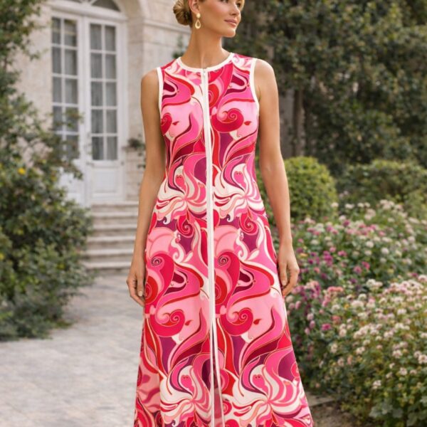 Trina Turk Magnifique Multi Sleeveless Midi Dress – Bold Pink Swirl Print