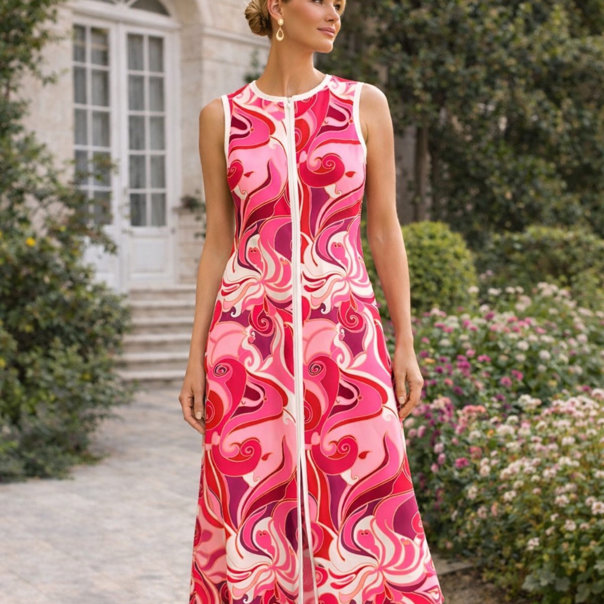 Trina Turk Magnifique Multi Sleeveless Midi Dress – Bold Pink Swirl Print