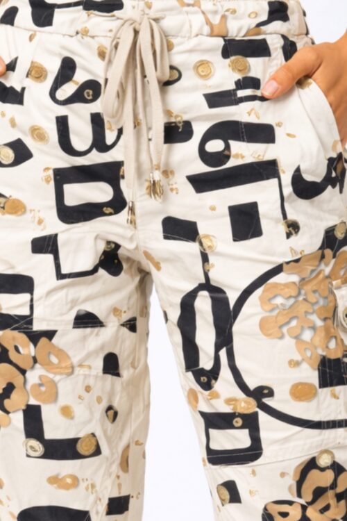 Italian Abstract Print Cargo Jogger Pants with Gold Foil Detail