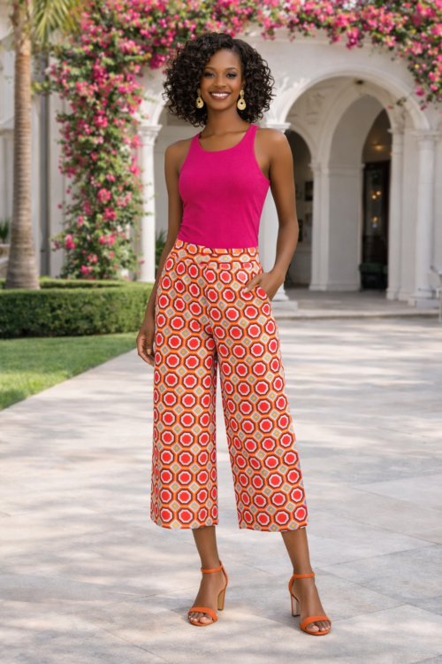 Trina Turk “Diona” High-Rise Crop Pant – Coral Retro Geo