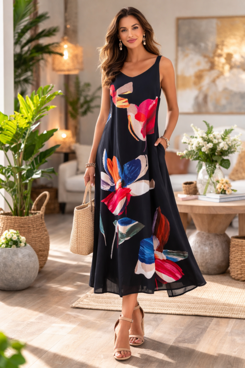 Picadilly Abstract Floral Maxi Dress – Elegant Black Flowing Dress