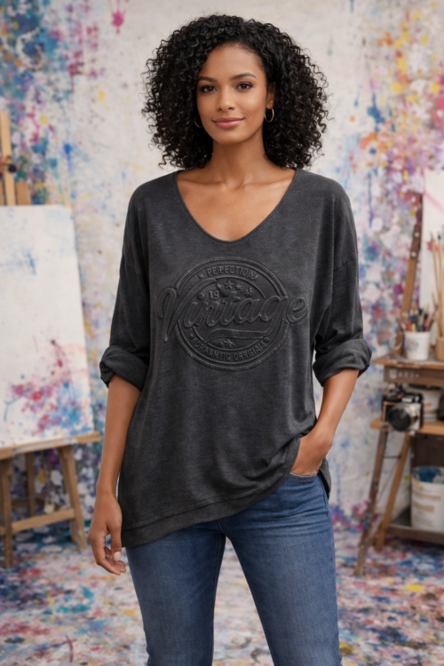 Vintage Shimmer Long Sleeve V-Neck Top – Charcoal Grey