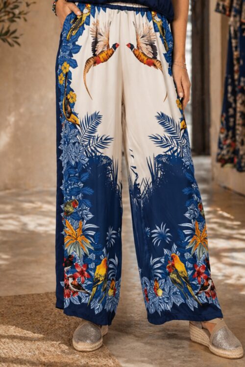 Wide-Leg Printed Pants – Tropical Bird & Floral Design