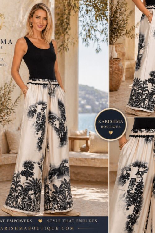 Satin Printed wide Italian leg Pants – Botanical Forest Design