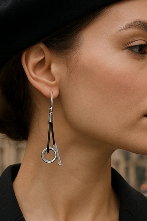 Dangle black leather silver wrap circle