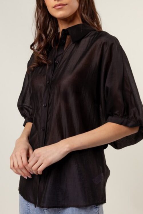 Button Down Blouse With Ruched Keyhole Detail