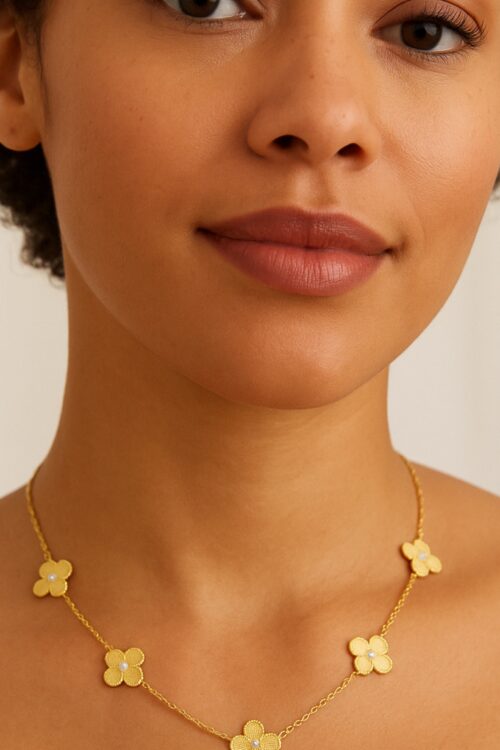 Gold Necklace With 5 Clover Flowers & Clear CZ 16’