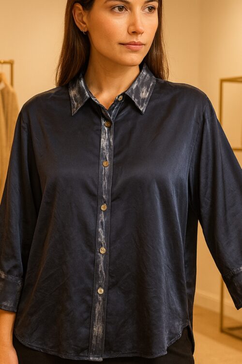 Aurelia Luxe Gray Silver Satin Button-Down Top