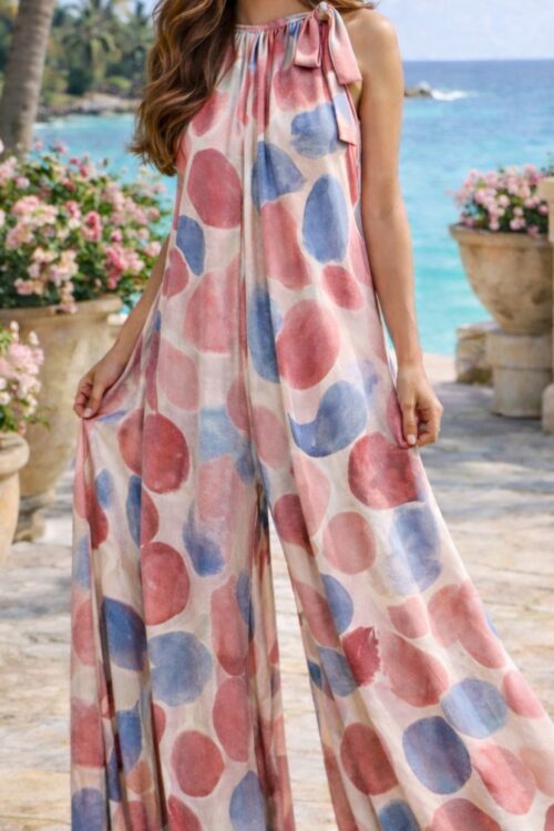 Italian Satin Polka Dot Wide-Leg Pink Jumpsuit
